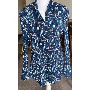 Fred David 1X Blue Black White Crinkle Blouse Button Front Pleated Stretch